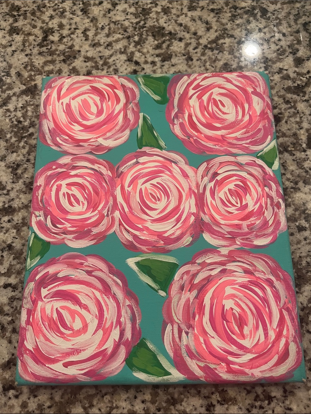 Hand-Painted Floral Canvas Art - Pink Roses on Teal